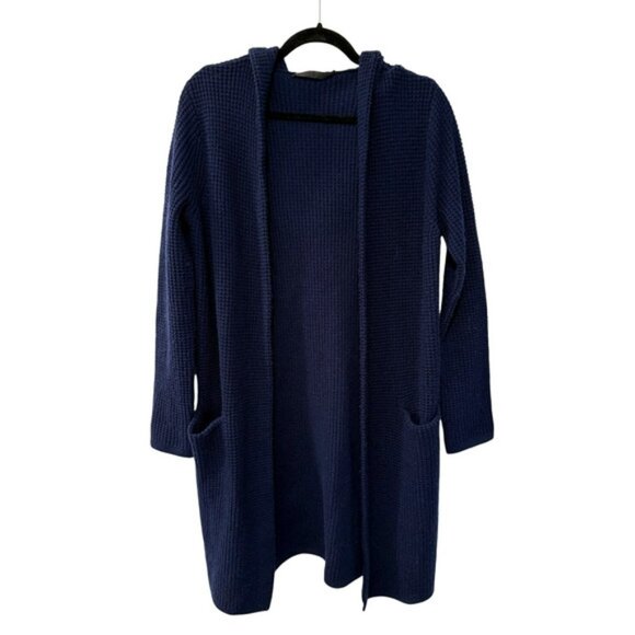 Jenni Kayne XS Waffle Knit CASHMERE Wool Hooded Cardigan Sweater Coat Navy 2 4 - Picture 3 of 8